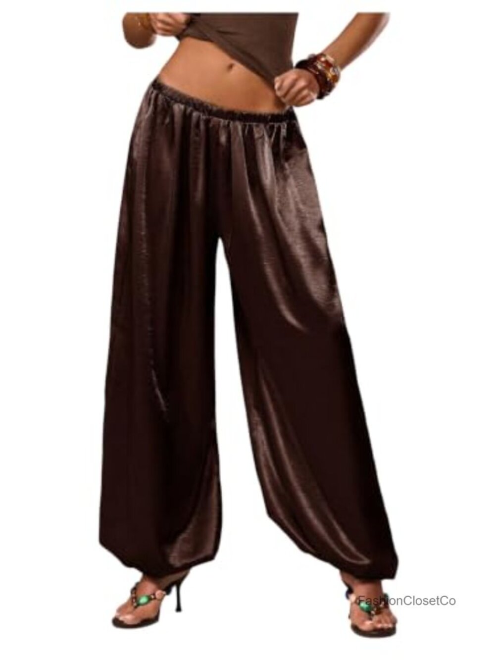Womens Satin Balloon Pants Low Rise Wide Leg Pull On Trousers